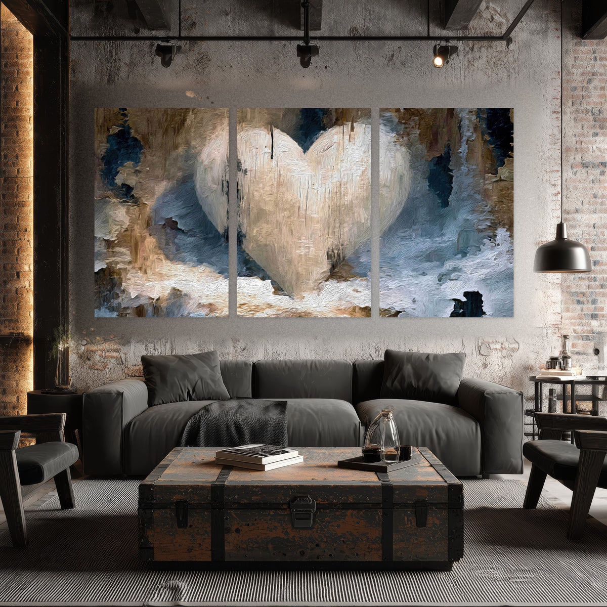 Rustic heart abstract painting set of 3 poster prints in an industrial loft