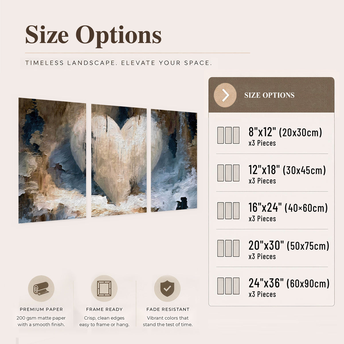 Rustic heart abstract painting set of 3 poster prints size options
