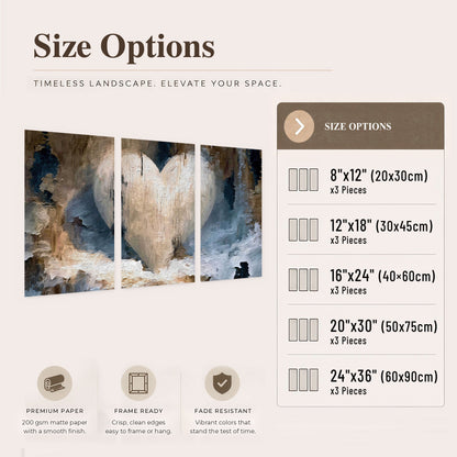 Rustic heart abstract painting set of 3 poster prints size options