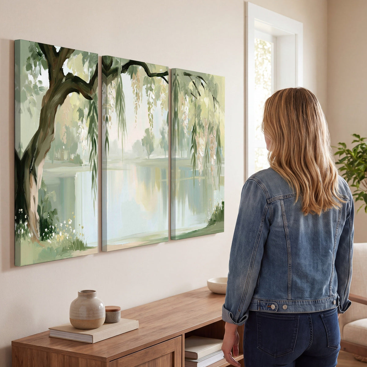 Willow tree by the lake painting 3 piece canvas wall art in a living room