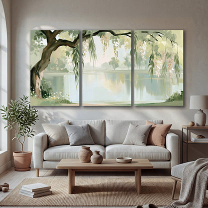 Willow tree by the lake painting 3 piece canvas wall art in a bright living room