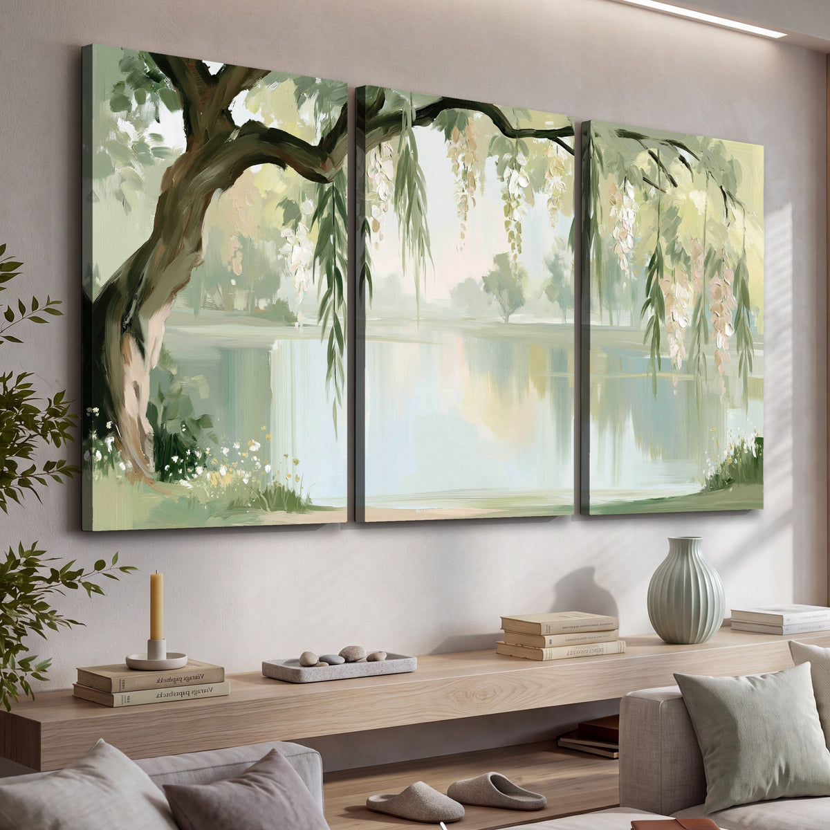 Willow tree by the lake painting 3 piece canvas wall art in a living room above a console