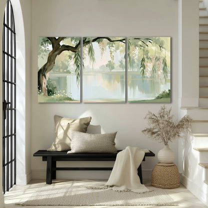 Willow tree by the lake painting 3 piece canvas wall art in an entryway above a bench