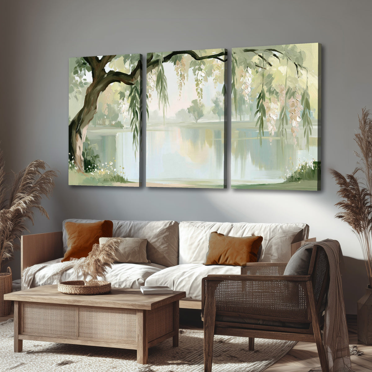 Willow tree by the lake painting 3 piece canvas wall art in a rustic living room