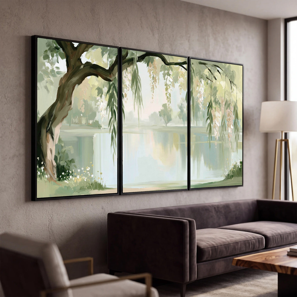 Willow tree by the lake painting 3 piece canvas wall art in a modern living room