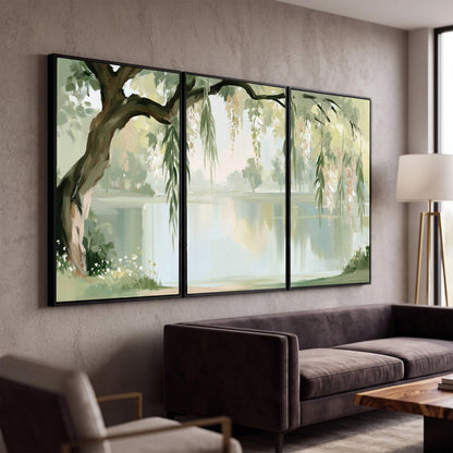 Willow tree by the lake painting 3 piece canvas wall art in a modern living room