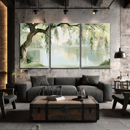 Willow tree by the lake painting 3 piece canvas wall art in an industrial loft