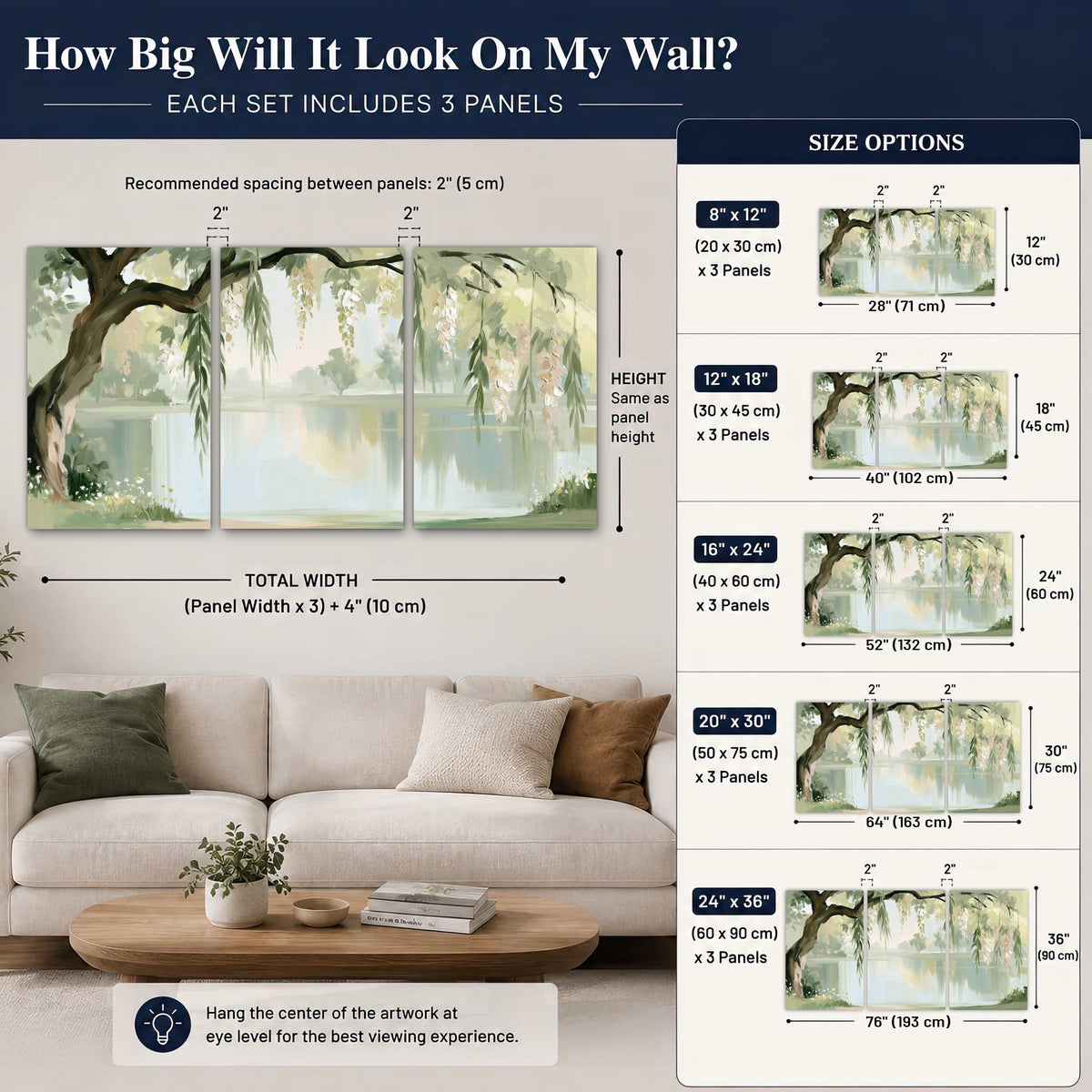 Willow tree by the lake painting 3 piece canvas wall art size guide above a sofa