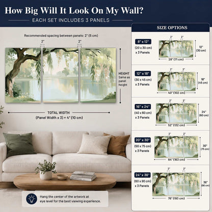 Willow tree by the lake painting 3 piece canvas wall art size guide above a sofa