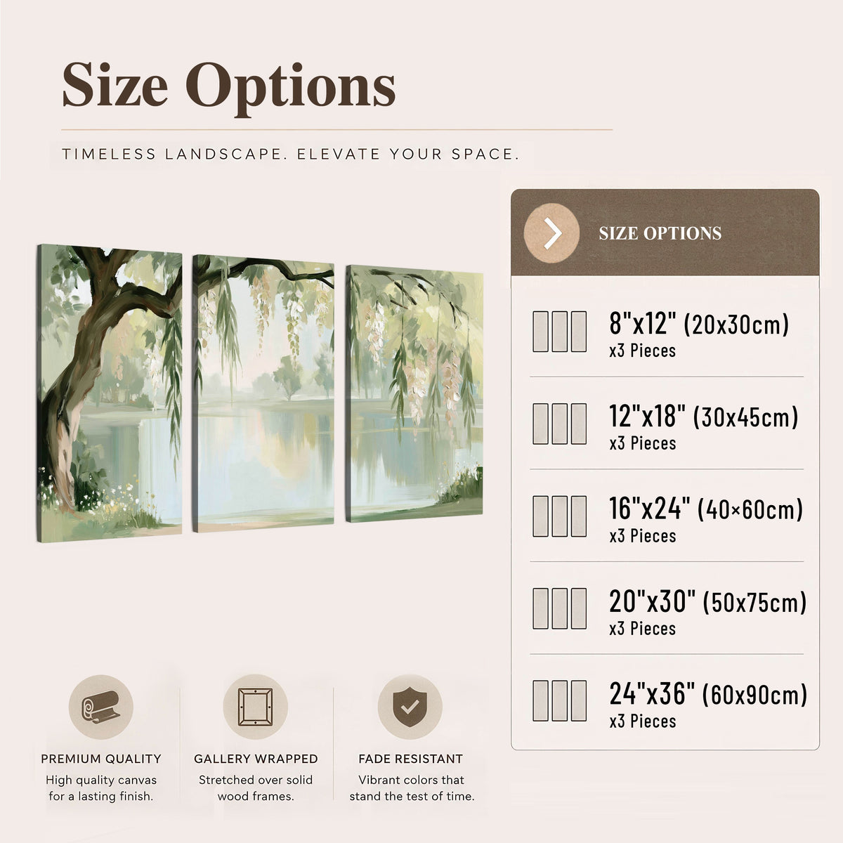 Willow tree by the lake painting 3 piece canvas wall art size options