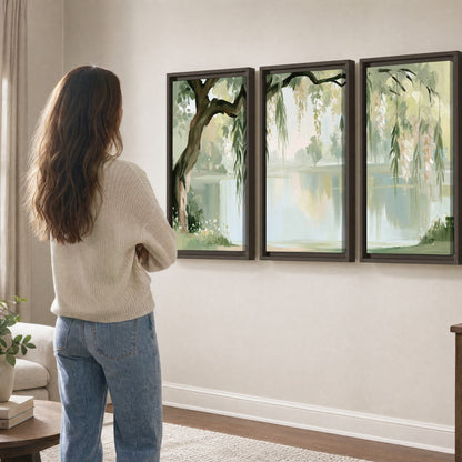 Willow tree by the lake painting 3 piece framed canvas in a living room