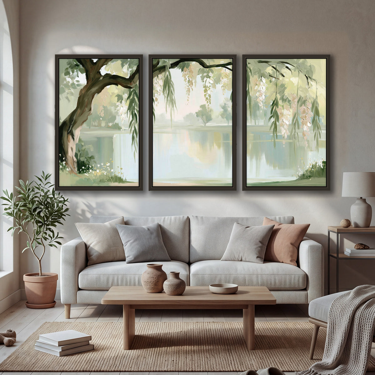 Willow tree by the lake painting 3 piece framed canvas in a bright living room