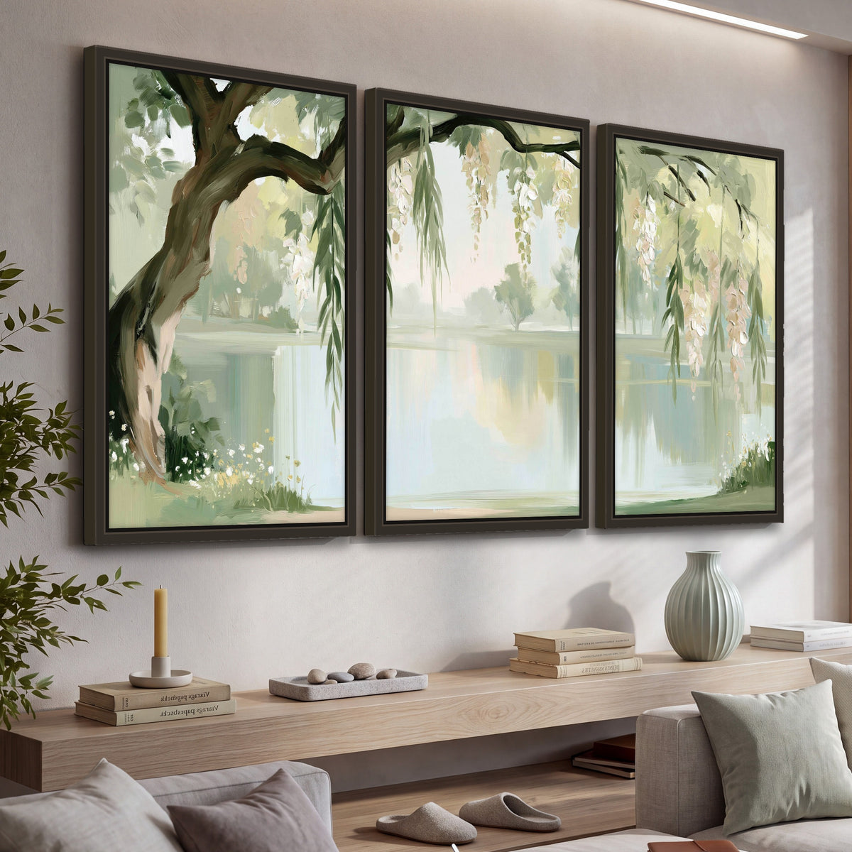Willow tree by the lake painting 3 piece framed canvas in a living room above a console