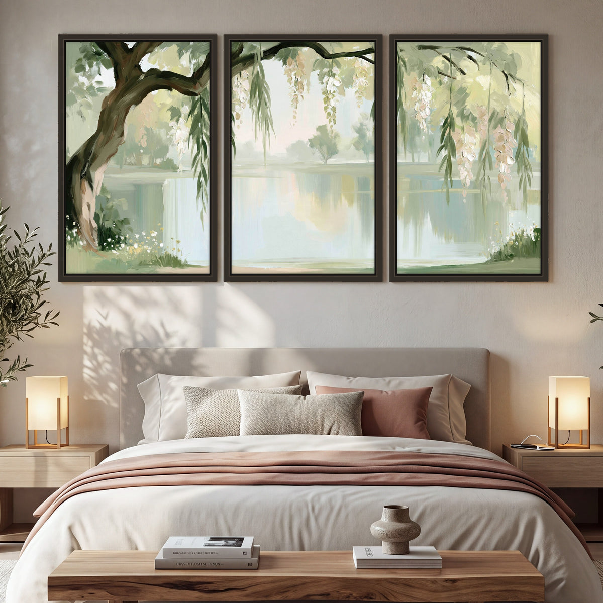 Willow tree by the lake painting 3 piece framed canvas in a bedroom above the bed