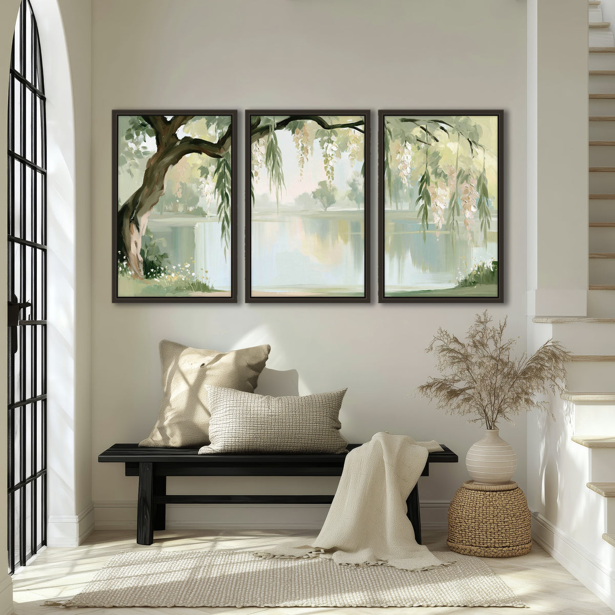 Willow tree by the lake painting 3 piece framed canvas in an entryway above a bench