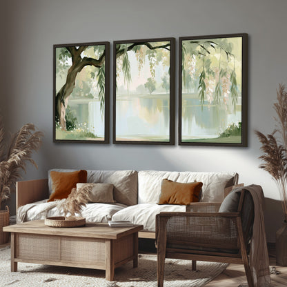Willow tree by the lake painting 3 piece framed canvas in a rustic living room