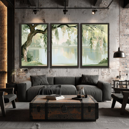 Willow tree by the lake painting 3 piece framed canvas in an industrial loft