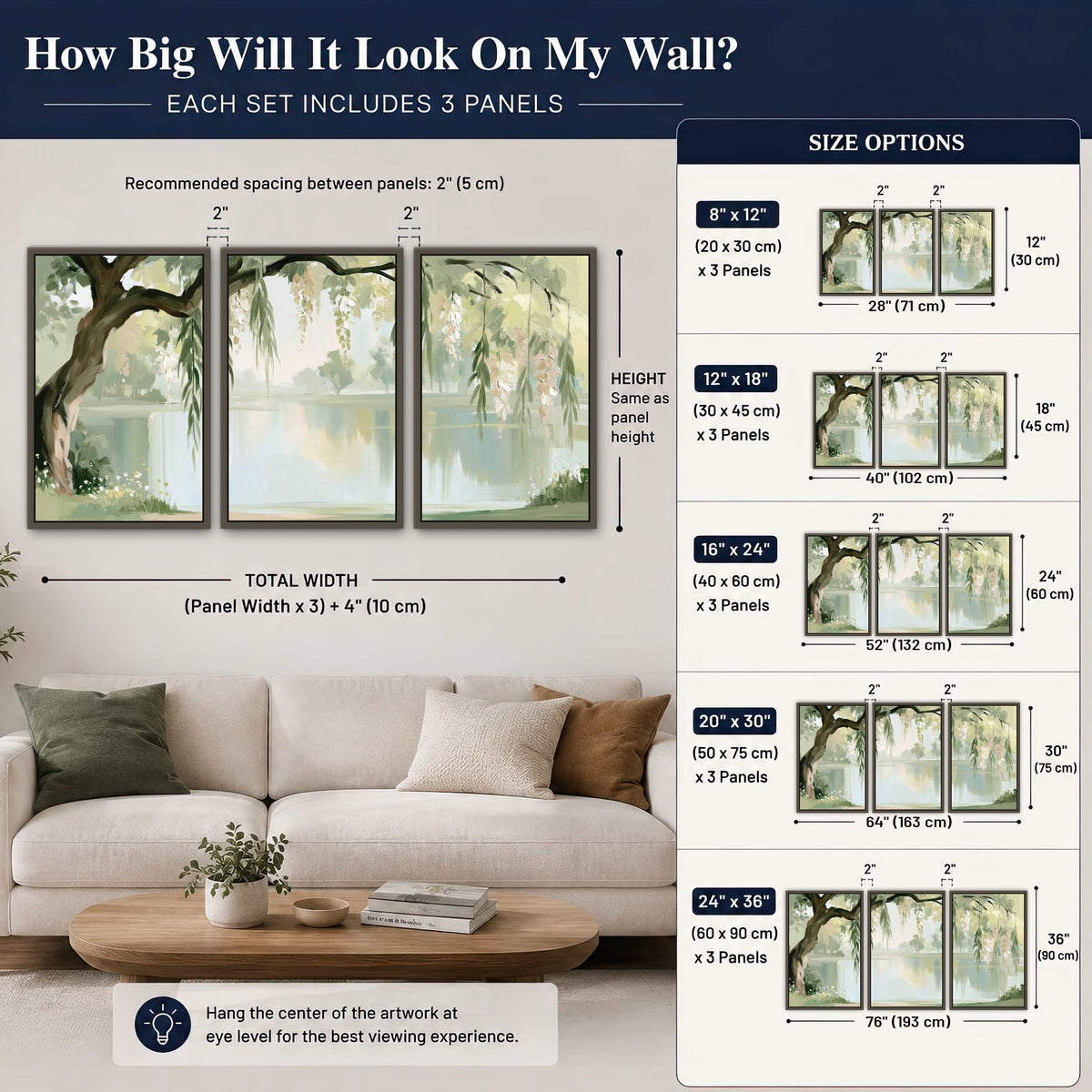 Willow tree by the lake painting 3 piece framed canvas size guide above a sofa
