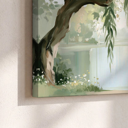 Willow tree by the lake painting canvas print close-up showing the gallery-wrapped edge