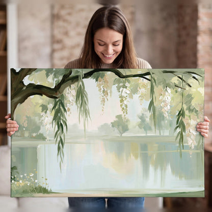 Willow tree by the lake painting canvas wall art held in hands