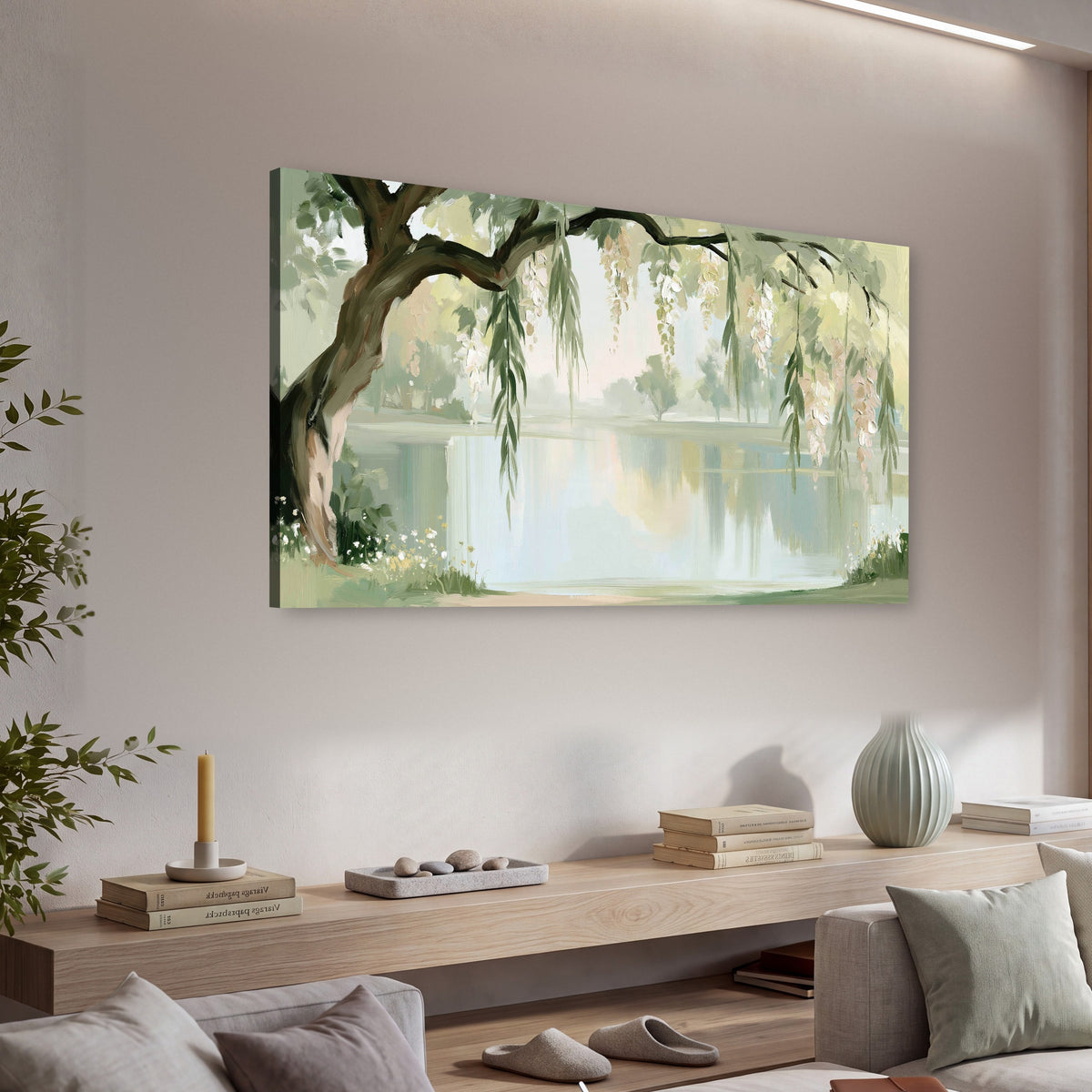 Willow tree by the lake painting canvas wall art in a living room above a console