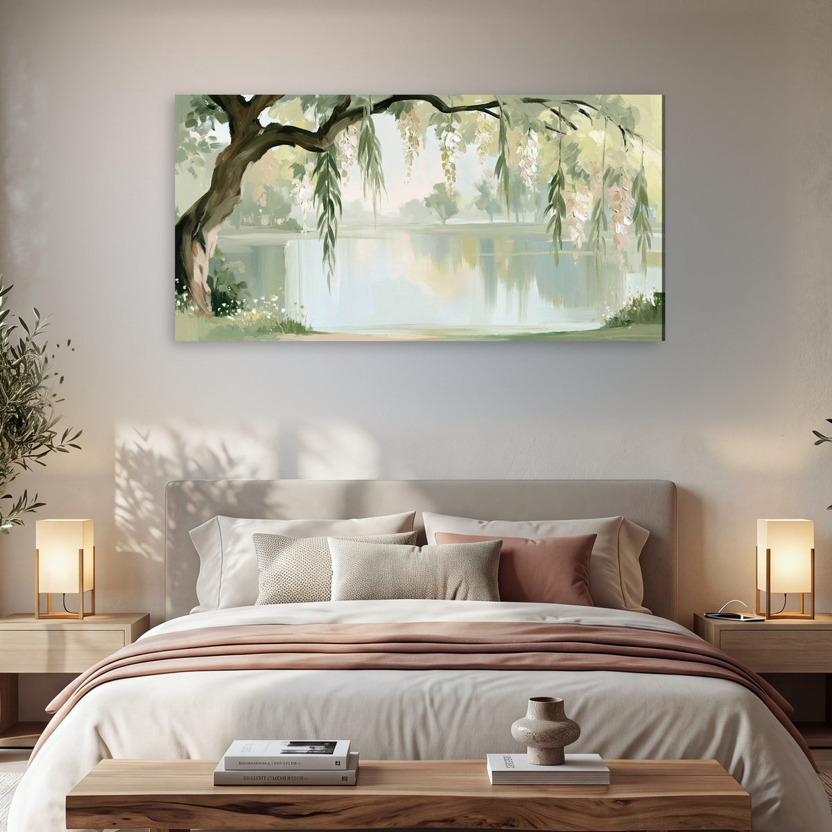 Willow tree by the lake painting canvas wall art in a bedroom above the bed