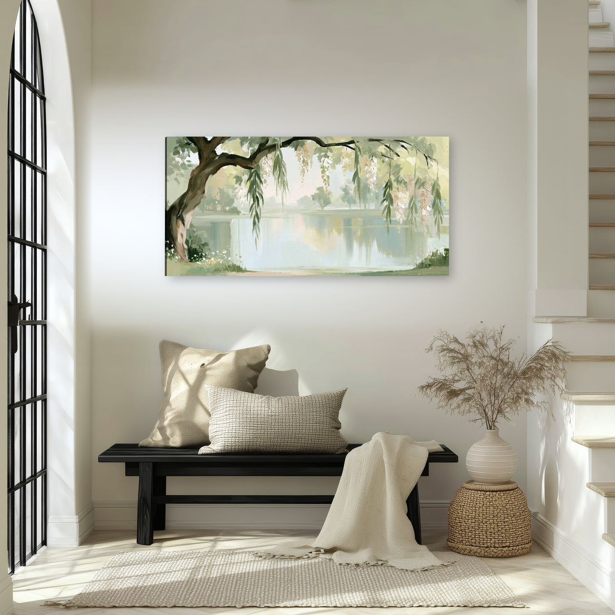 Willow tree by the lake painting canvas wall art in an entryway above a bench