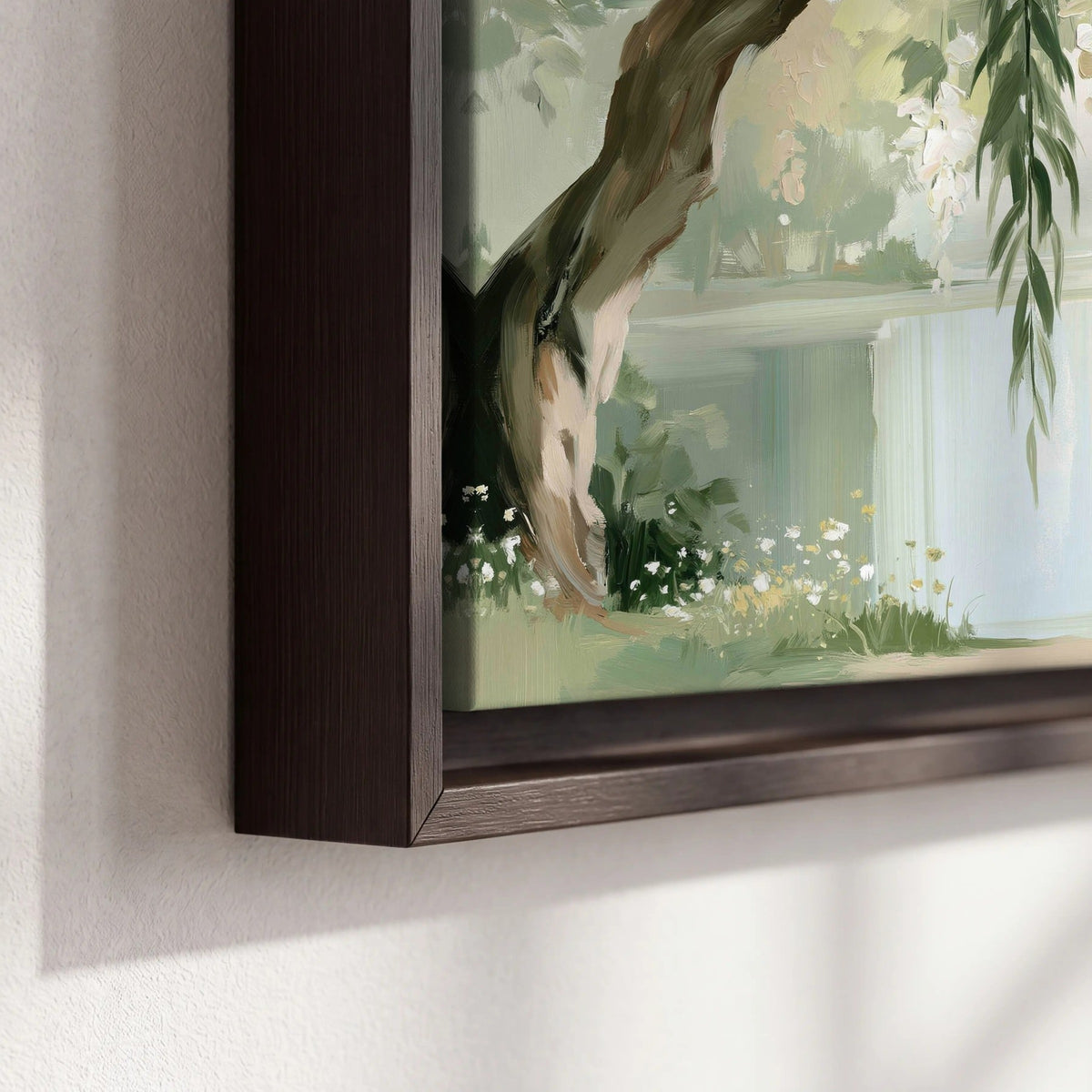 Willow tree by the lake painting framed canvas close-up showing the floating frame