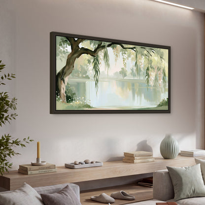 Willow tree by the lake painting framed canvas wall art in a living room above a console