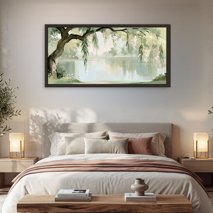 Willow tree by the lake painting framed canvas wall art in a bedroom above the bed