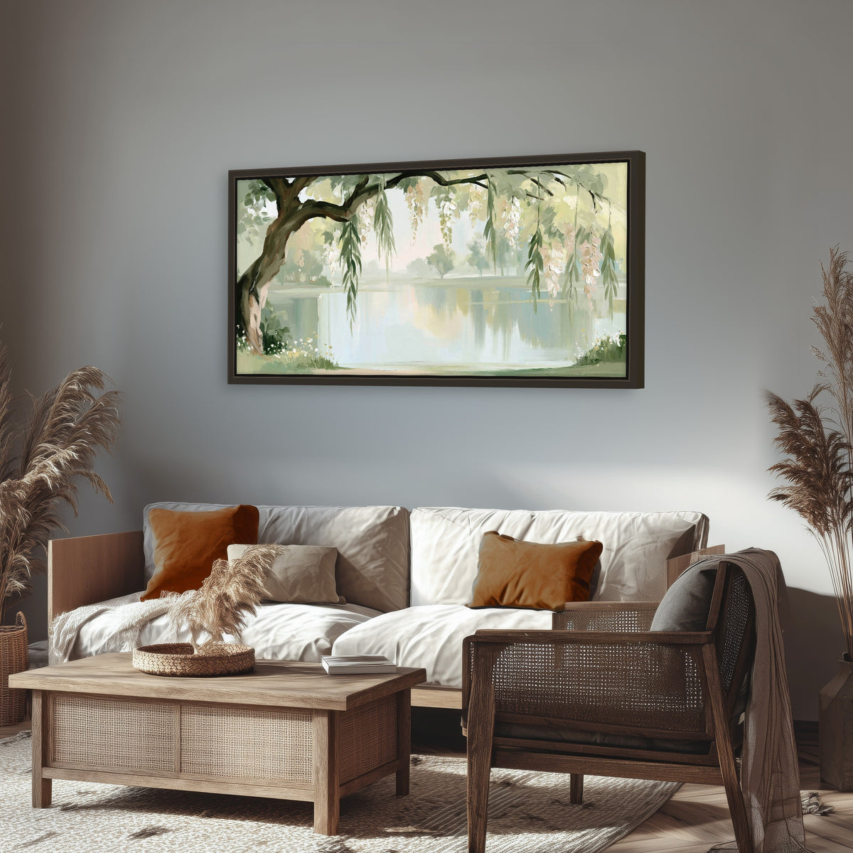 Willow tree by the lake painting framed canvas wall art in a rustic living room