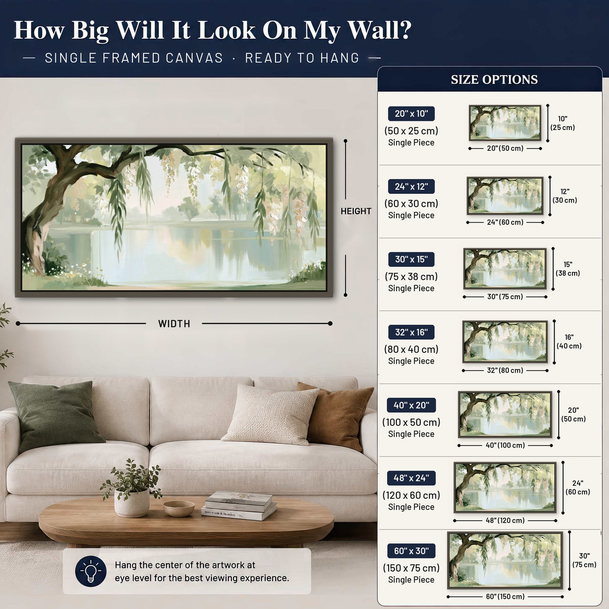 Willow tree by the lake painting framed canvas wall art size guide above a sofa