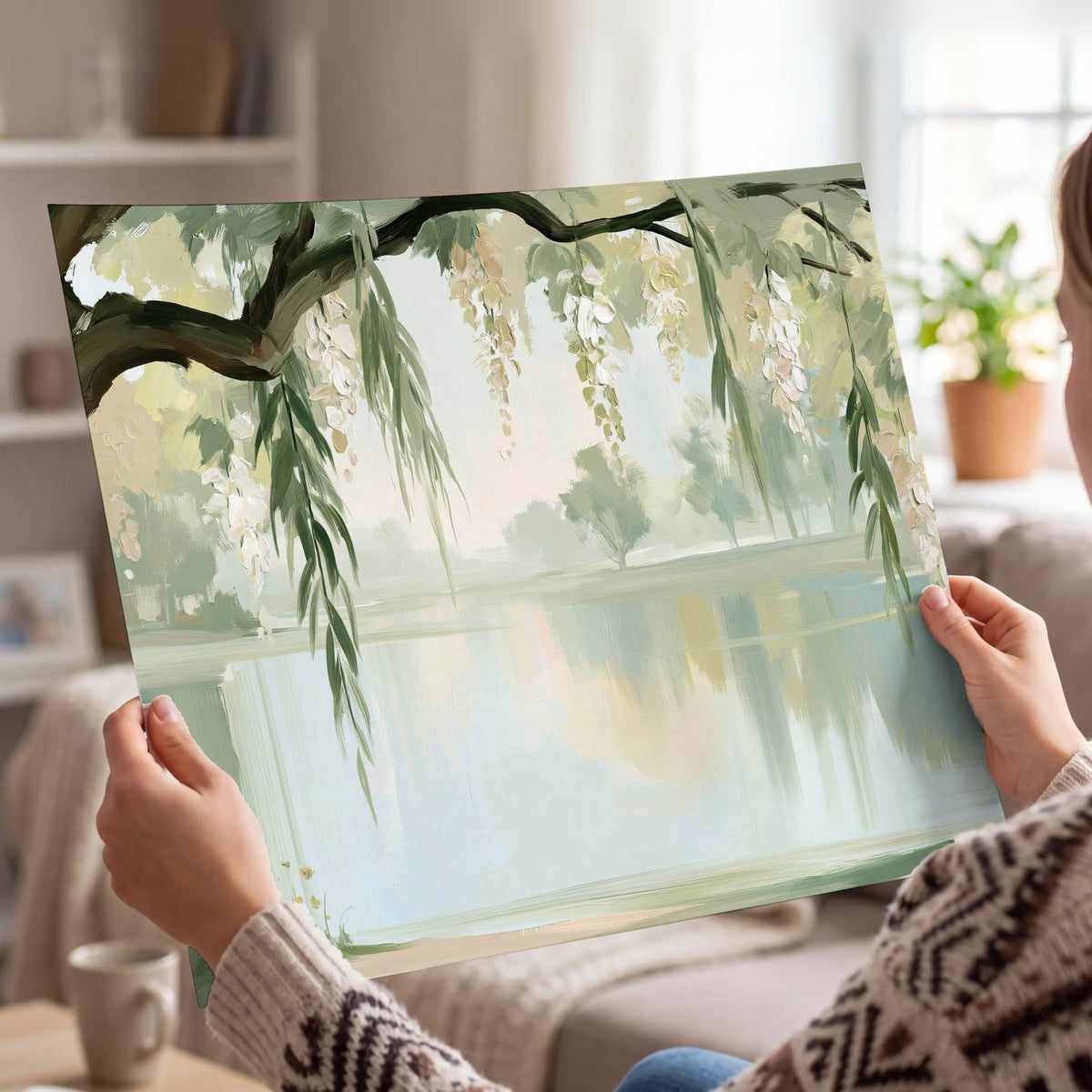 Willow tree by the lake painting poster print held in hands