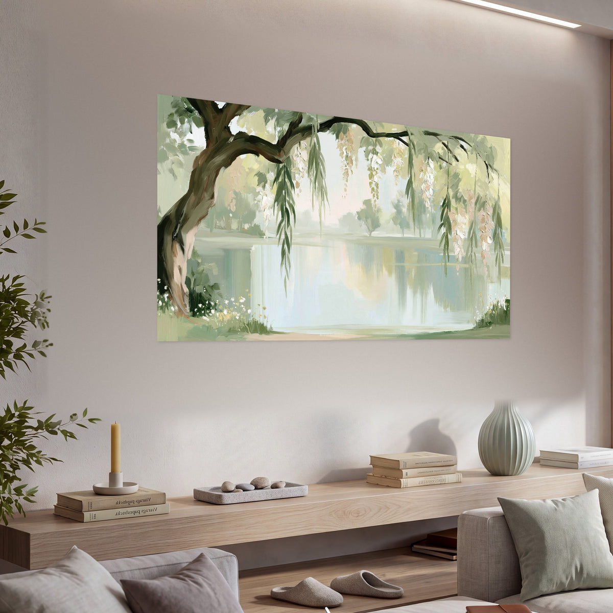 Willow tree by the lake painting poster print in a living room above a console