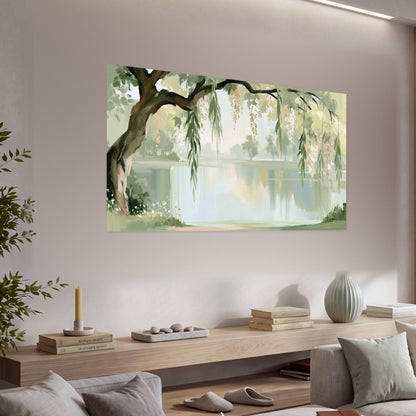 Willow tree by the lake painting poster print in a living room above a console