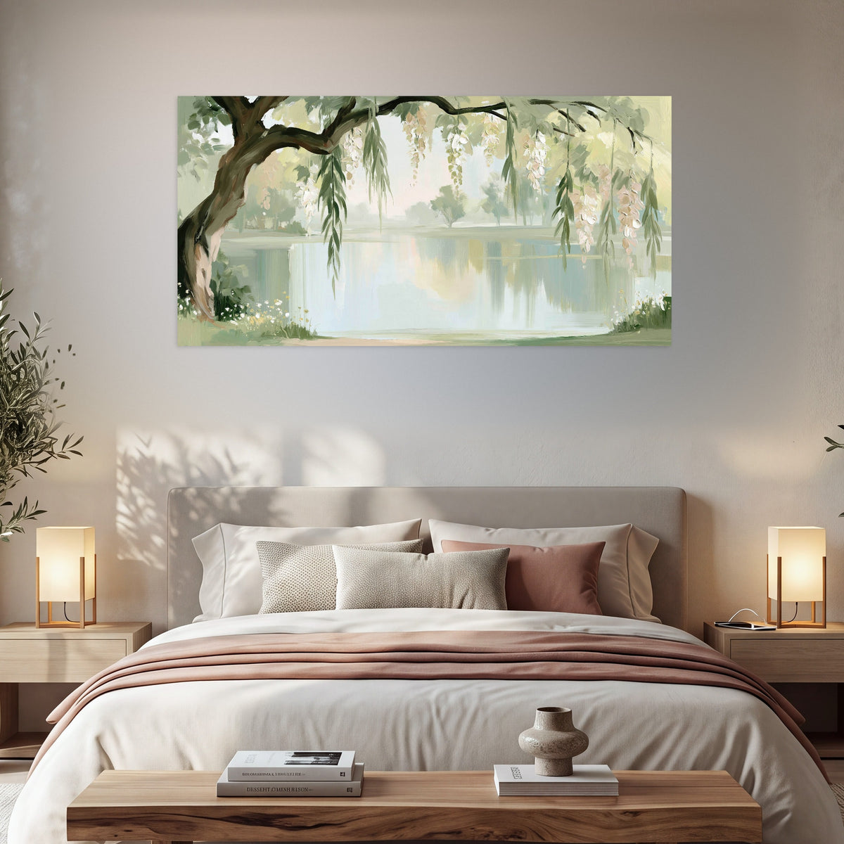 Willow tree by the lake painting poster print in a bedroom above the bed