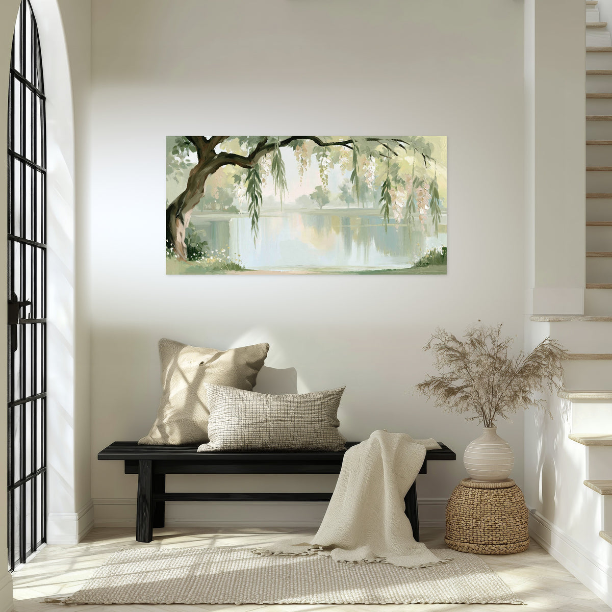 Willow tree by the lake painting poster print in an entryway above a bench