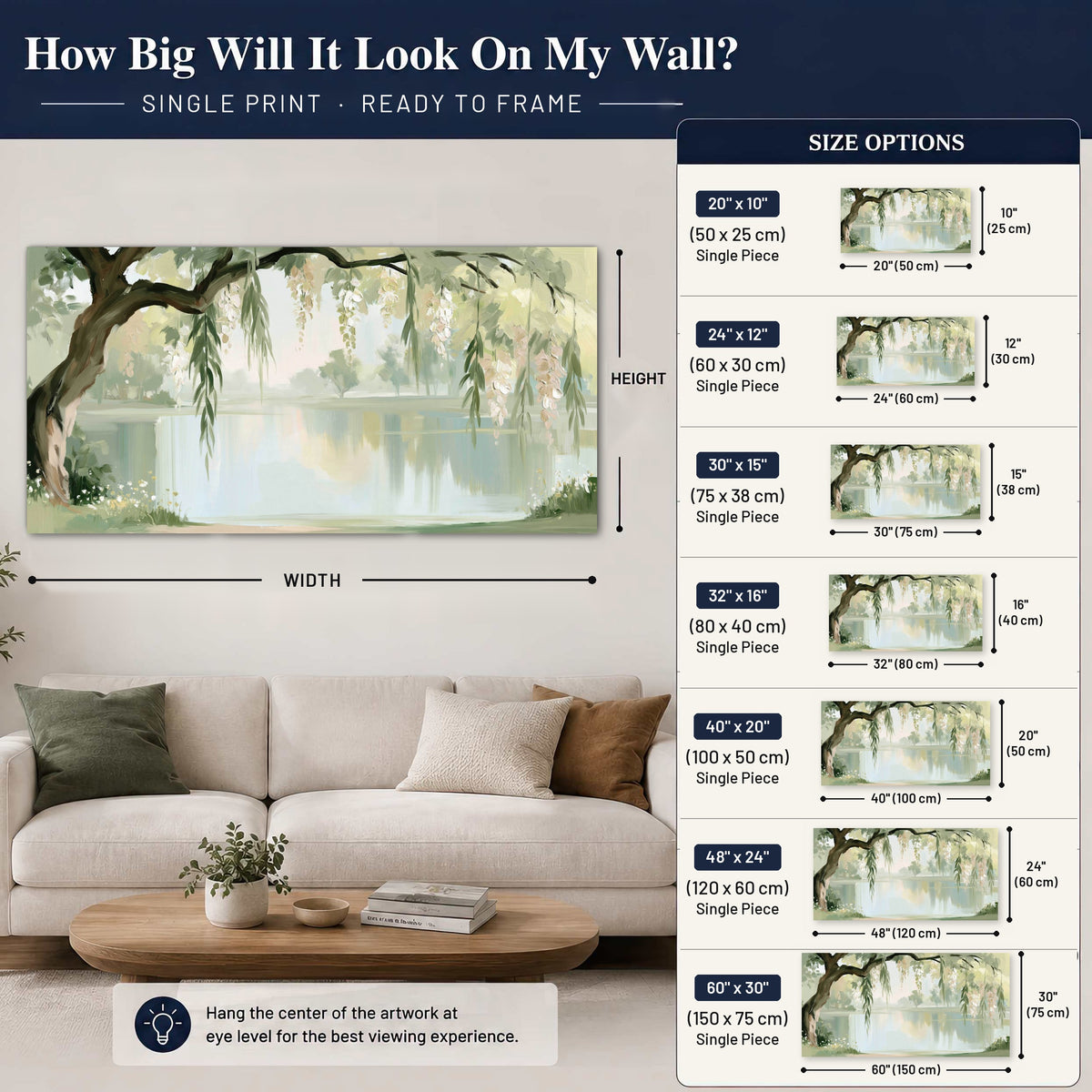 Willow tree by the lake painting poster print size guide above a sofa