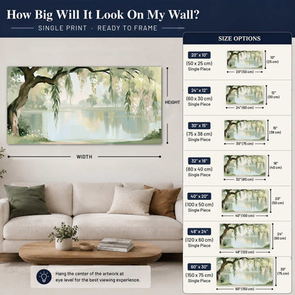 Willow tree by the lake painting poster print size guide above a sofa