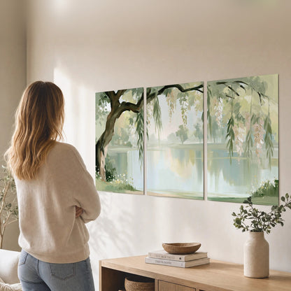 Willow tree by the lake painting set of 3 poster prints in a living room