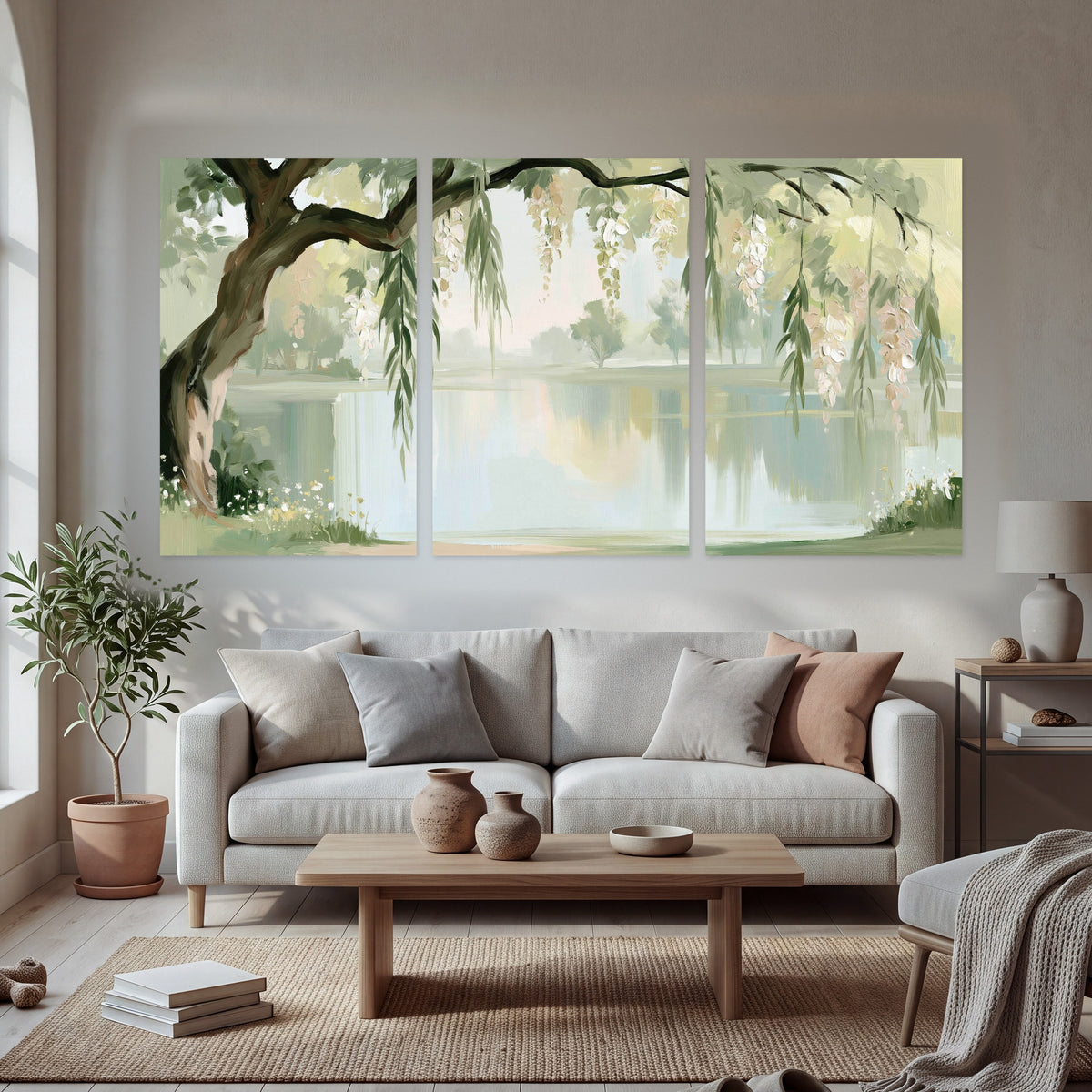 Willow tree by the lake painting set of 3 poster prints in a bright living room