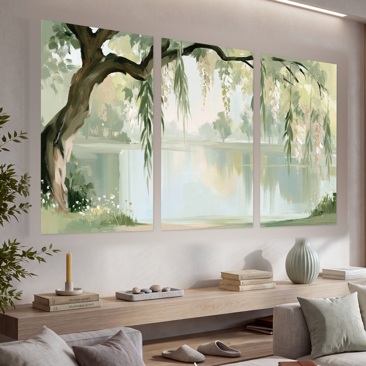 Willow tree by the lake painting set of 3 poster prints in a living room above a console