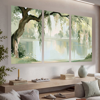Willow tree by the lake painting set of 3 poster prints in a living room above a console