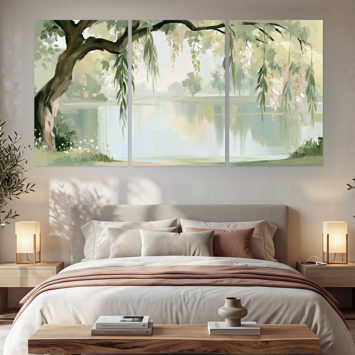 Willow tree by the lake painting set of 3 poster prints in a bedroom above the bed
