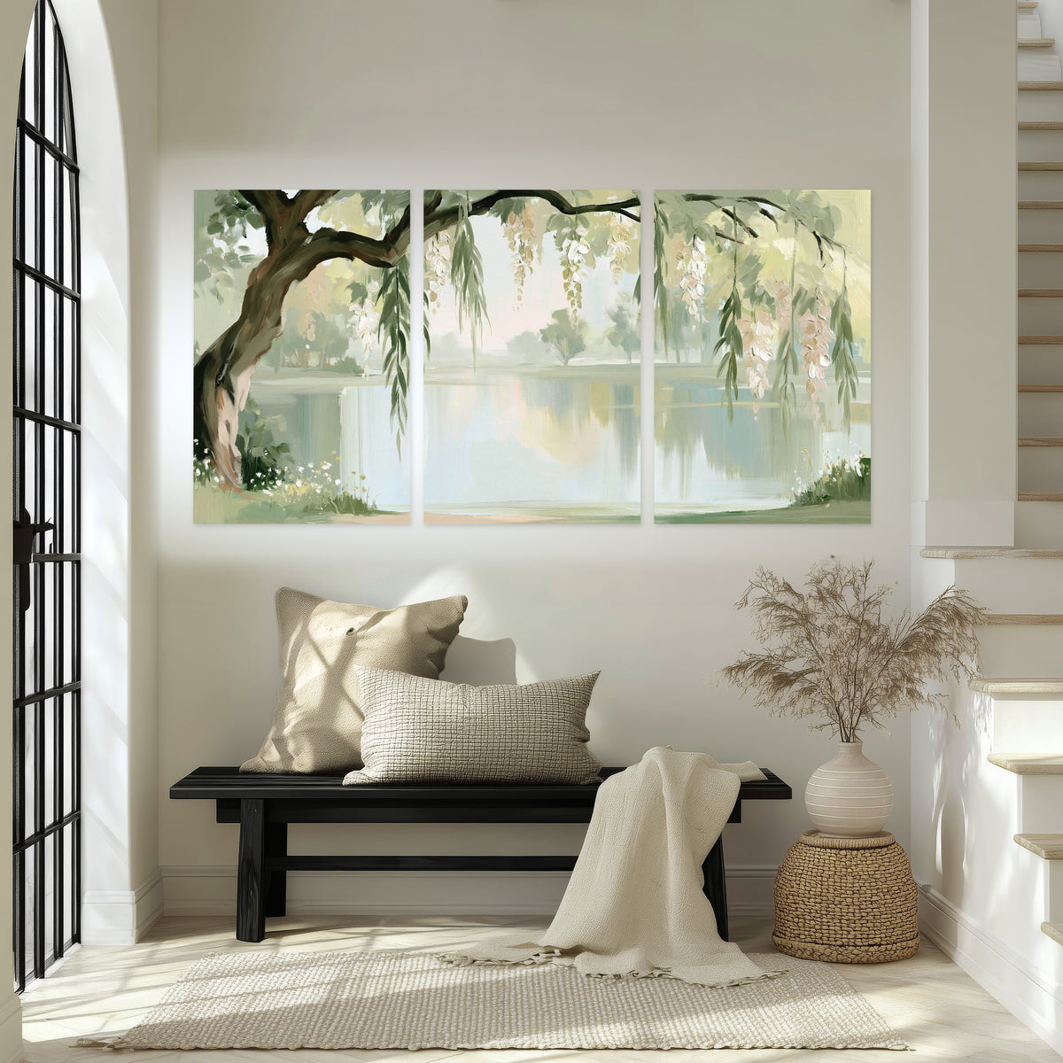 Willow tree by the lake painting set of 3 poster prints in an entryway above a bench
