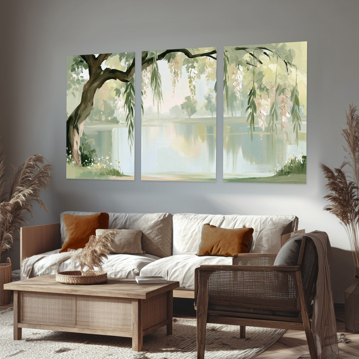 Willow tree by the lake painting set of 3 poster prints in a rustic living room
