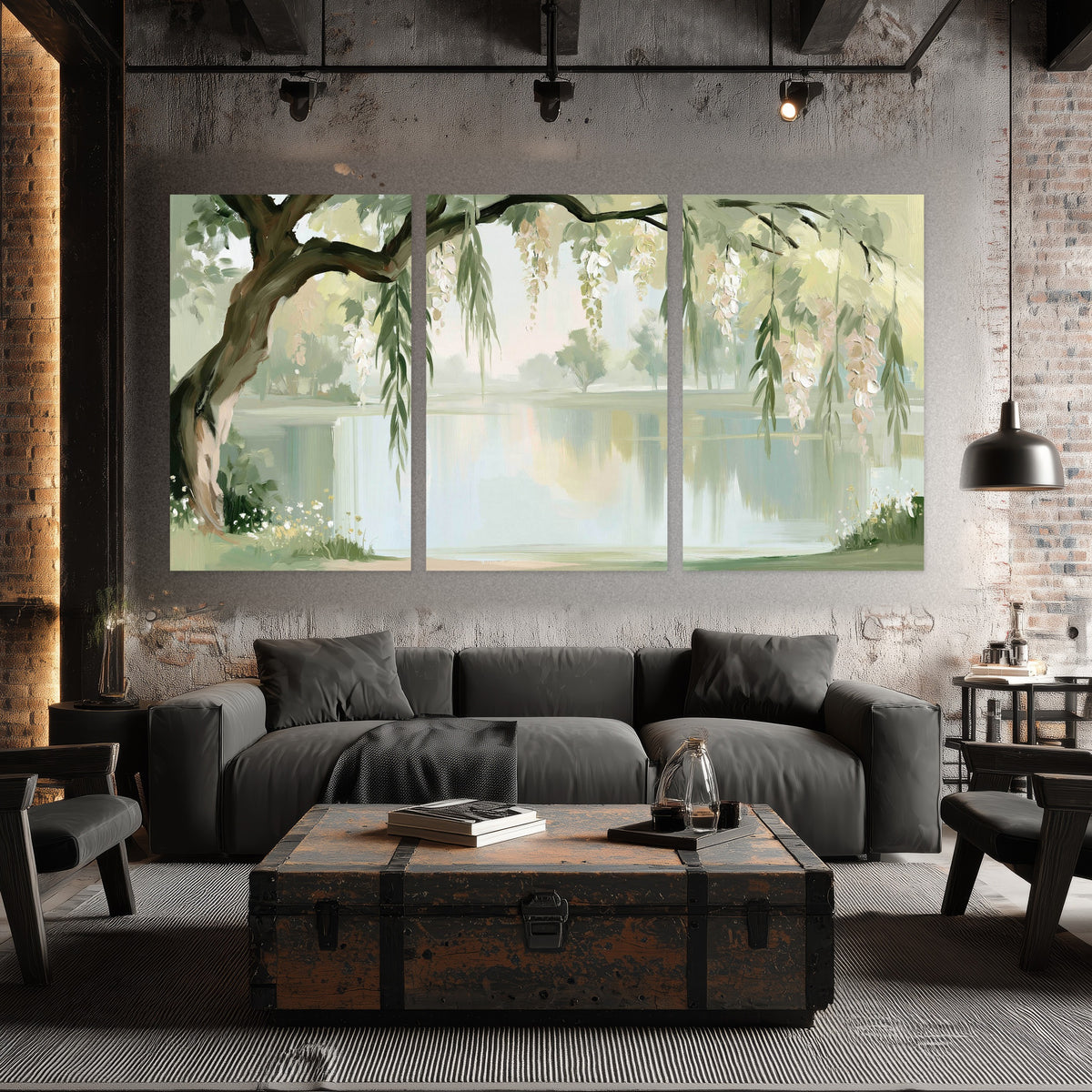 Willow tree by the lake painting set of 3 poster prints in an industrial loft