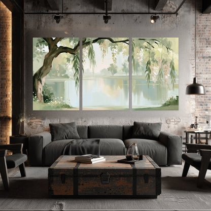 Willow tree by the lake painting set of 3 poster prints in an industrial loft