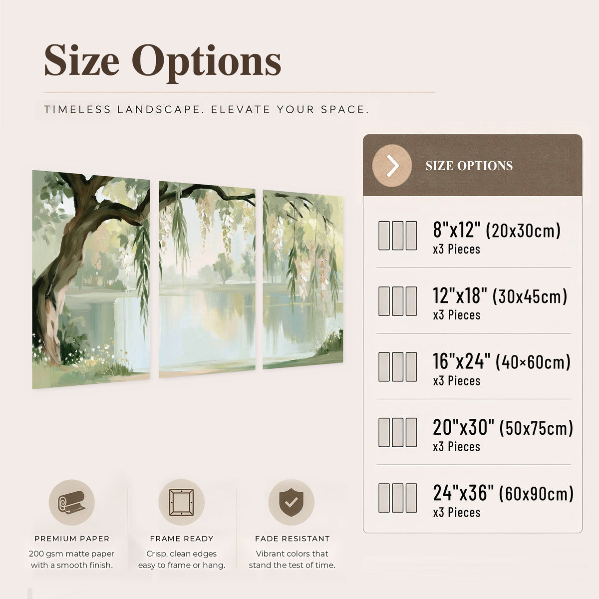 Willow tree by the lake painting set of 3 poster prints size options
