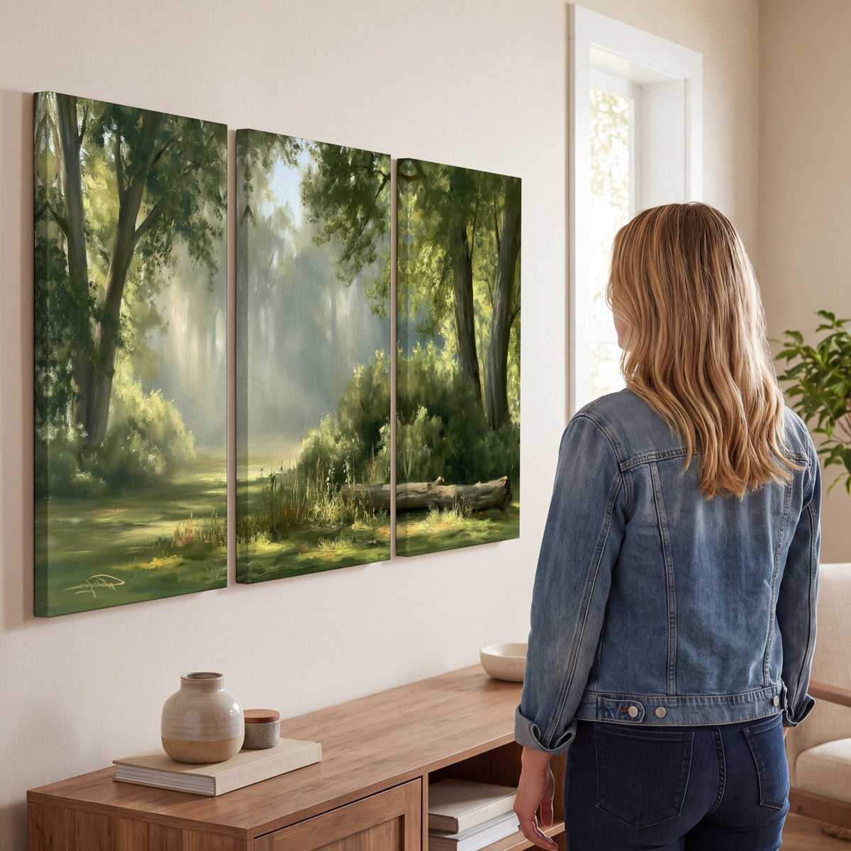 Sunlit forest glade painting 3 piece canvas wall art in a living room